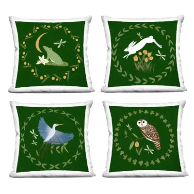 Stupell Industries Animals With Circular Wreaths Design By Michelle Ingari Designs Throw Pillow (set Of 4) In Green