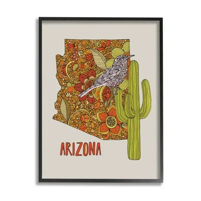 Stupell Industries Arizona State Bird Detailed Cactus Floral Pattern By Valentina Harper - Picture Frame Graphic Art On In Midnight Black Framed Giclee