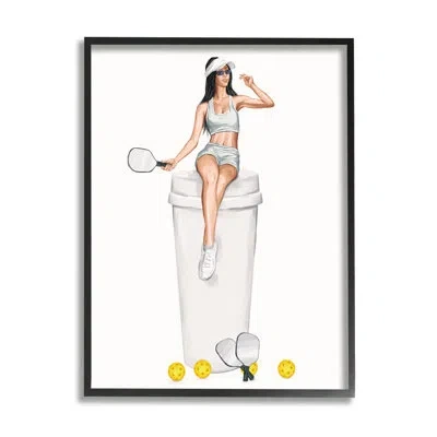 Stupell Industries Athletic Tennis Girl Coffee Cup On Wood By Ziwei Li Graphic Art In Midnight Black Framed Giclee