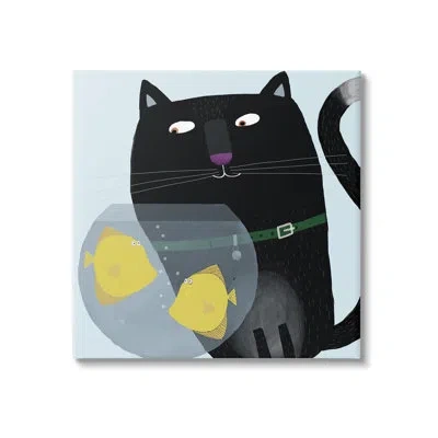 Stupell Industries Au-603-canvas Black Cat Eyeing Fish Bowl On Canvas By Carla Daly Graphic Art In Blue;black;yellow