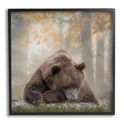 Stupell Industries Autumn Slumber Brown Bear Foliage By Kelley Parker - Floater Frame Photograph On Wood In Midnight Black Framed Giclee