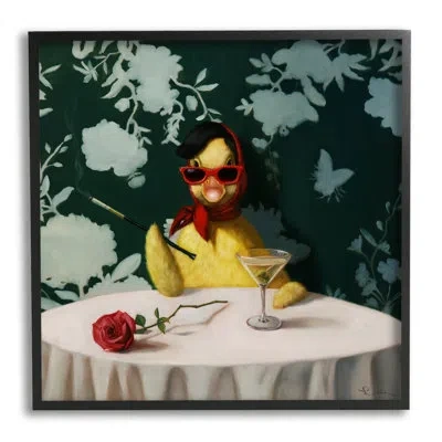 Stupell Industries Az-008-framed Fancy Duck With Martini Framed On Wood Painting In Midnight Black Framed Giclee