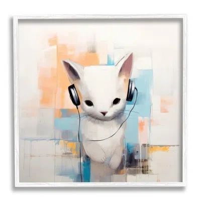 Stupell Industries Az-117-framed Cat With Headphones Abstract In Coastal White Framed Giclee