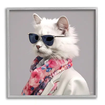 Stupell Industries Az-146-framed Stylish Cat Fashion Framed On Wood Print In Farmhouse Gray Framed Giclee