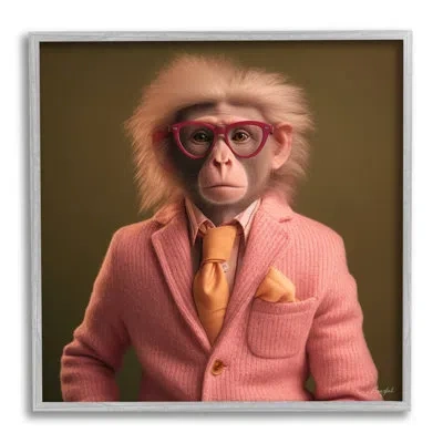 Stupell Industries Az-149-framed Stylish Monkey Portrait Framed On Wood Print In Farmhouse Gray Framed Giclee