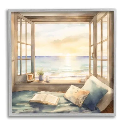 Stupell Industries Ba-026-framed Beach Window View On Canvas Print In Farmhouse Gray Framed Giclee