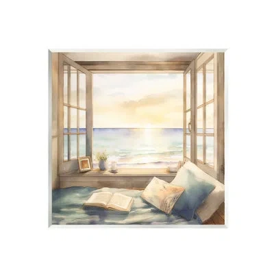 Stupell Industries Ba-026-framed Beach Window View On Canvas Print In Tan