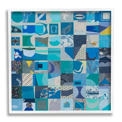 Stupell Industries Ba-249-framed Blue Patchwork Abstraction In Coastal White Framed Giclee