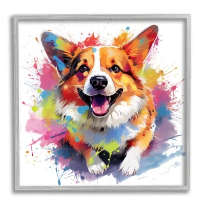 Stupell Industries Ba-355-framed Happy Corgi Modern Splatter Framed On Wood By Marybeth Cunningham Print In Farmhouse Gray Framed Giclee