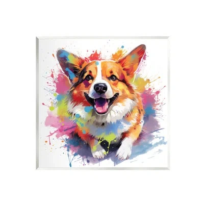 Stupell Industries Ba-355-wood Happy Corgi Modern Splatter By Marybeth Cunningham In Multi-color