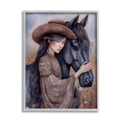 Stupell Industries Ba-423-framed Girl With Black Stallion By The Dutch Lady Single Picture Frame Print On Canvas In Farmhouse Gray Framed Giclee