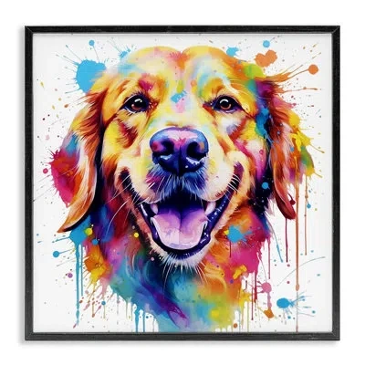 Stupell Industries Ba-441-framed Happy Dog Paint Drip By Marybeth Cunningham Single Picture Frame Print On Canvas In Midnight Black Framed Giclee
