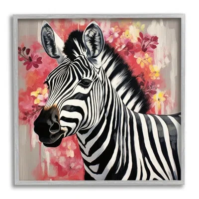 Stupell Industries Ba-457-framed Zebra With Pink Flowers Single Picture Frame Print On Canvas In Farmhouse Gray Framed Giclee