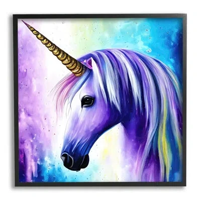 Stupell Industries Ba-883-framed Elegant Purple Unicorn By Denise Dundon Single Picture Frame Print On Canvas In Midnight Black Framed Giclee
