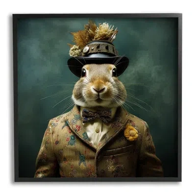 Stupell Industries Ba-923-framed Rabbit In Vintage Suit Single Picture Frame Print On Canvas In Midnight Black Framed Giclee