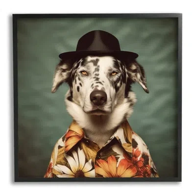 Stupell Industries Ba-932-framed Dog In Floral Shirt Framed On Wood Print In Midnight Black Framed Giclee
