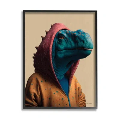 Stupell Industries Ba-990-framed Fun T-rex In Hoodie Single Picture Frame Print On Canvas In Midnight Black Framed Giclee