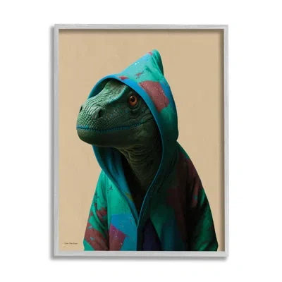 Stupell Industries Ba-991-framed Dinosaur In Stylish Hoodie Framed On Wood Print In Farmhouse Gray Framed Giclee