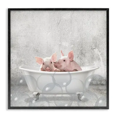Stupell Industries Baby Piglets Bath Time Cute Animal Design By Kimberly Allen - Floater Frame Graphic Art On Wood In Midnight Black Framed Giclee
