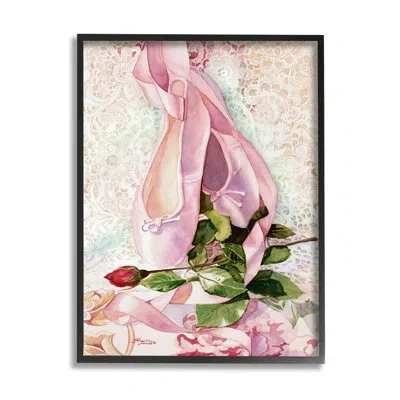 Stupell Industries Ballet Dance Shoes Lace Pattern By Judy Koenig - Floater Frame Graphic Art On Wood In Midnight Black Framed Giclee