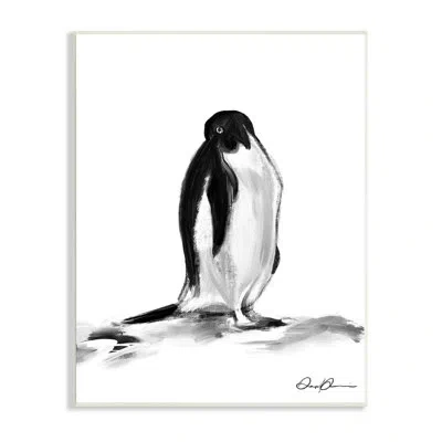Stupell Industries Bashful Penguin Arctic Snow Bird Minimal Black White By Daphne Polselli - Floater Frame Painting Pri In Wood