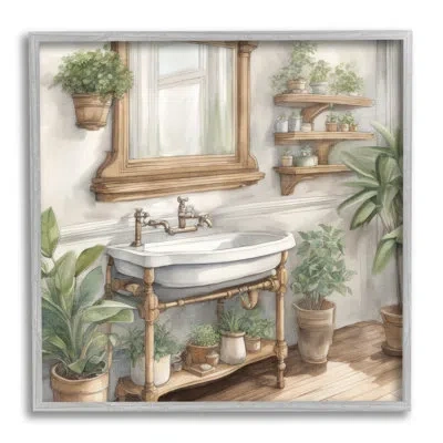 Stupell Industries Bathroom View With Plants By Kim Allen Single Picture Frame Print On Canvas In Farmhouse Gray Framed Giclee