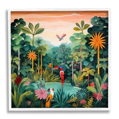 Stupell Industries Bb-244-framed Parrots And Tropical Pond Framed On Wood Print In Coastal White Framed Giclee