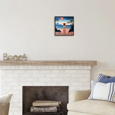 Stupell Industries Bb-385-framed Patterned Woman On Beach Framed On Wood Print In Midnight Black Framed Giclee