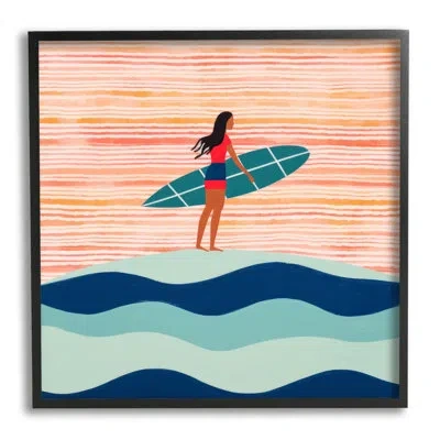Stupell Industries Bb-388-framed Boho Beach Surfer Framed On Wood Print In Midnight Black Framed Giclee