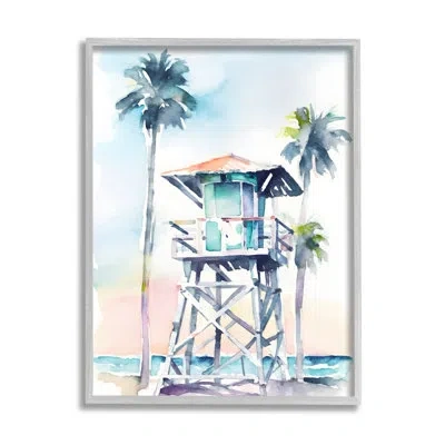 Stupell Industries Bb-395-framed Lifeguard Hut On Beach Single Picture Frame Print On Canvas In Farmhouse Gray Framed Giclee
