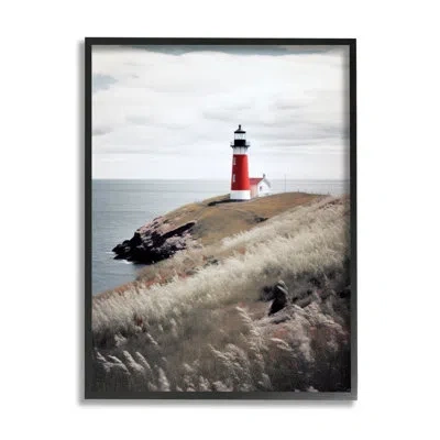 Stupell Industries Bb-433-framed Red Lighthouse Landscape Framed On Wood Print In Midnight Black Framed Giclee