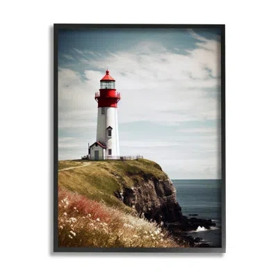 Stupell Industries Bb-434-framed Lighthouse On High Cliff By Ray Powers Floater Frame Print On Canvas In Jet Black Floater Frame