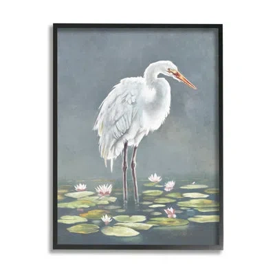 Stupell Industries Bb-440-framed White Heron And Pond Lilies By Lucca Sheppard Floater Frame Print On Canvas In Jet Black Floater Frame