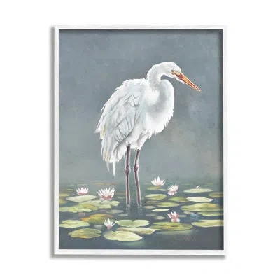 Stupell Industries Bb-440-framed White Heron And Pond Lilies By Lucca Sheppard Single Picture Frame Print On Canvas In Coastal White Framed Giclee