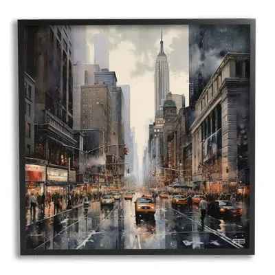 Stupell Industries Bb-475-framed Taxis In Urban City Framed On Wood Print In Midnight Black Framed Giclee