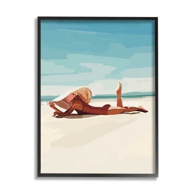 Stupell Industries Beach Babe Lounging Coastal Ocean Shoreline By Amelia Noyes - Floater Frame Graphic Art On Wood In Midnight Black Framed Giclee