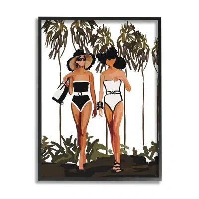 Stupell Industries Beach Babes Strolling Tropical Summer Beach Adventure By Amelia Noyes - Floater Frame Painting On Wo In Midnight Black Framed Giclee