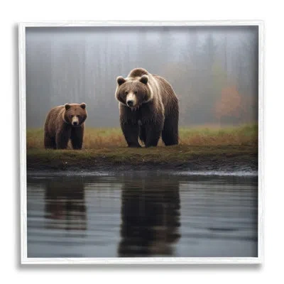 Stupell Industries Bear & Cub At Lake Single Picture Frame Print On Canvas In Coastal White Framed Giclee