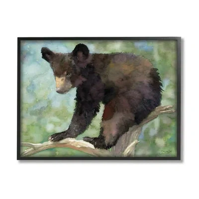 Stupell Industries Bear Cub Forest Tree Wildlife By Stellar Design Studio - Floater Frame Graphic Art On Wood In Midnight Black Framed Giclee