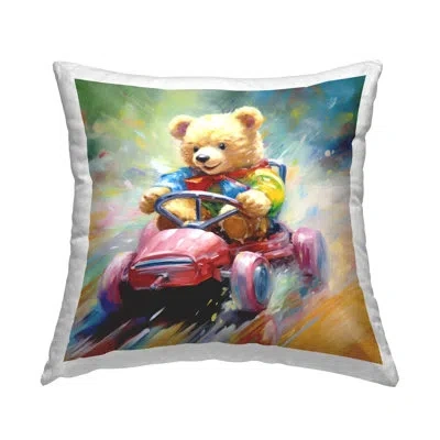 Stupell Industries Bear Driving Go Kart Decorative Printed Throw Pillow By Ray Powers In Blue;brown;green;pink