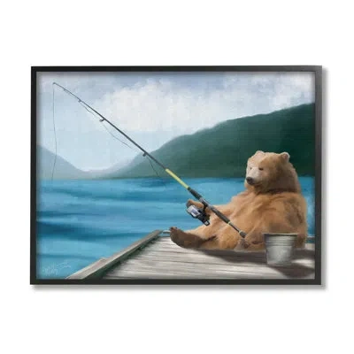 Stupell Industries Bear Fishing Pole Lake Dock By Elizabeth Medley - Floater Frame Graphic Art On Wood In Midnight Black Framed Giclee