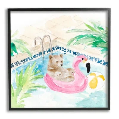 Stupell Industries Bear Floating Summer Pool Lounging By Lanie Loreth - Floater Frame Painting On Wood In Midnight Black Framed Giclee