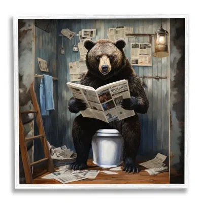 Stupell Industries Bear With Newspaper Bathroom Single Picture Frame Print On Canvas In Coastal White Framed Giclee