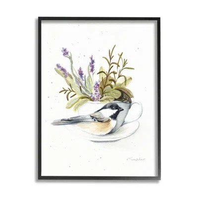 Stupell Industries Bird & Floral Teacup Framed On Wood Graphic Art In Midnight Black Framed Giclee