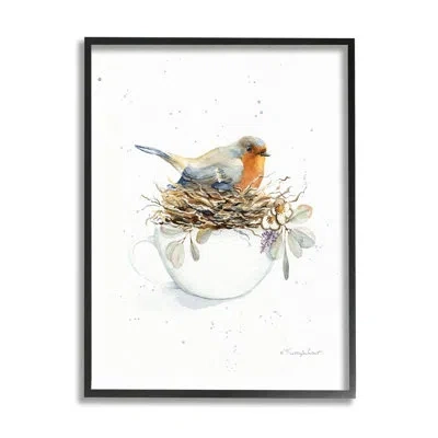 Stupell Industries Bird In Coffee Mug Nest Framed On Wood Graphic Art In Midnight Black Framed Giclee