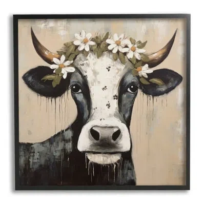Stupell Industries Black Cow & Daisy Crown Single Picture Frame Print On Canvas In Midnight Black Framed Giclee