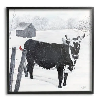 Stupell Industries Black Farm Cow Niveous Snow Covered Field - Floater Frame Painting On Canvas In Midnight Black Framed Giclee