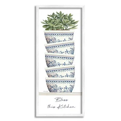 Stupell Industries Bless This Kitchen Stacked Ornate Bowls Succulent Plant By Cindy Jacobs - Picture Frame Graphic Art  In Coastal White Framed Giclee