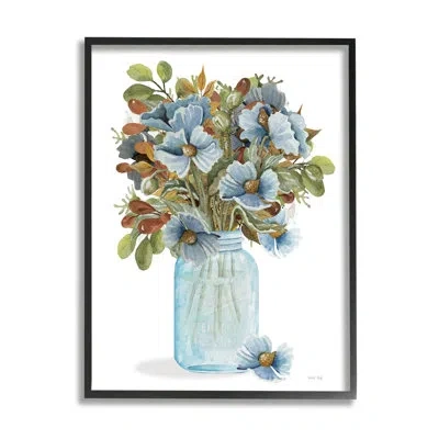 Stupell Industries Blue Blooming Floral Bouquet By Cindy Jacobs - Floater Frame Graphic Art On Wood In Midnight Black Framed Giclee