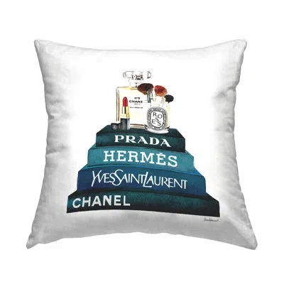Stupell Industries Blue Fashion Makeup Accessories On Glam Books Printed Throw Pillow By Amanda Greenwood